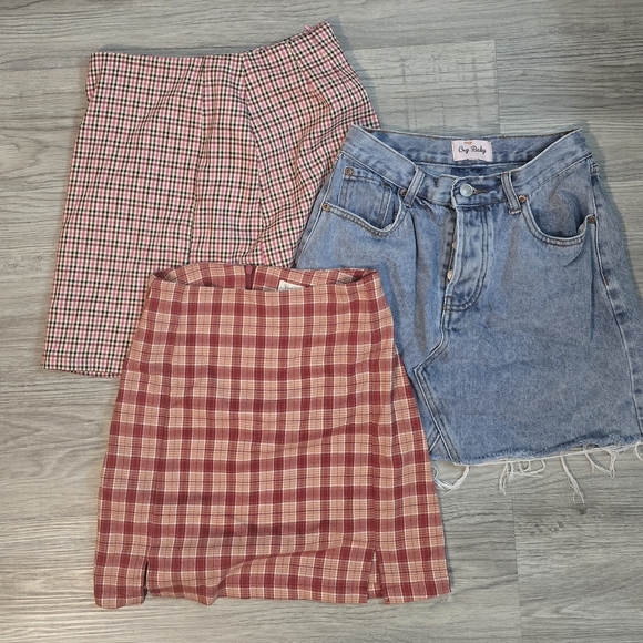 Brandy Melville Dresses & Skirts - Plaid Red Plaid Pink and Blue Denim Skirt Set